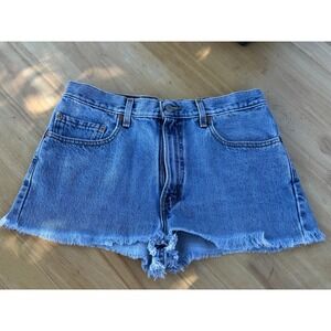Vintage Levis 505 Denim Shorts Womens 31 Blue High Waist Frayed Raw‎ Hem
